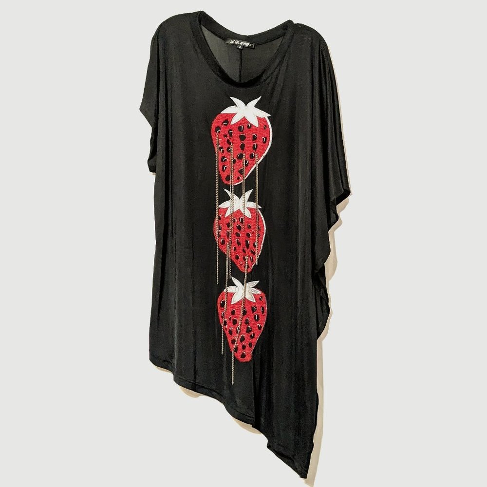 A.D. MOON, Women's black asymmetrical dress, strawberry, gold chains, size SMALL